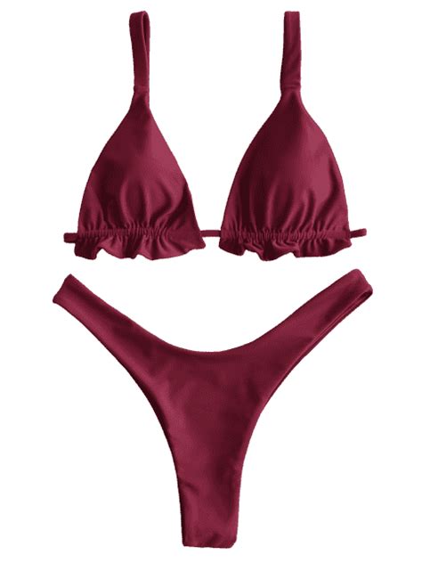 Conjunto De Bikini De Tanga Con Volantes Vino Tinto L Lace Bikini Bikini Set Thong Bikini