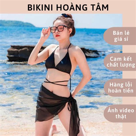 bikini áo tam giác quần xịp luồng dây kèm KHĂN VOAN quấn quực xinh Shopee Việt Nam