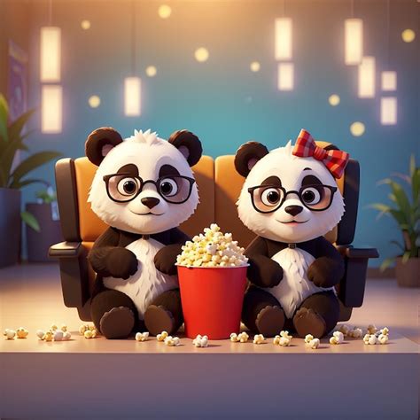 Una Linda Pareja De Pandas Viendo Una Pel Cula Y Comiendo Palomitas De