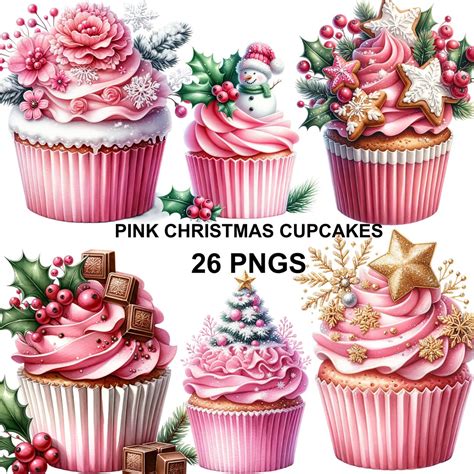 Watercolor Pink Christmas Cupcakes Clipart Cupcake Sublimation