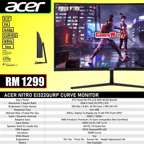 ACER EI322QURPBMIIPPX (QHD 2K/VA/31.5''/165HZ/1MS/CURVE) MONITOR ...