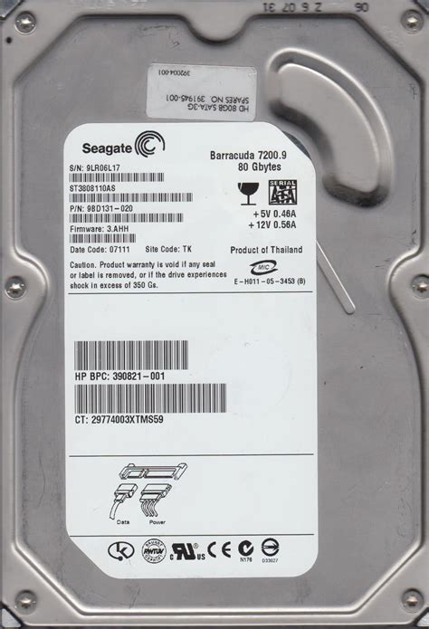 ST3808110AS, 9LR, TK, PN 9BD131-020, FW 3.AHH, Seagate 80GB SATA 3.5 ...