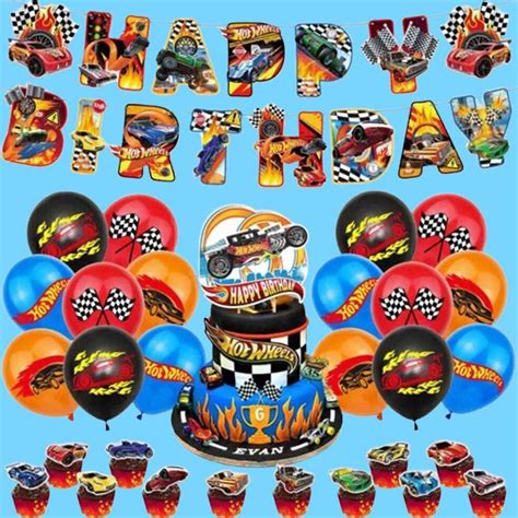 Hot Wheels Theme Happy Birthday Party Decoration Set Cake Topper Latex Balloons Banner Party