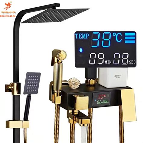 Temperature Display Hot And Cold Shower Set In Stainless Steel Black Gold And White Gold