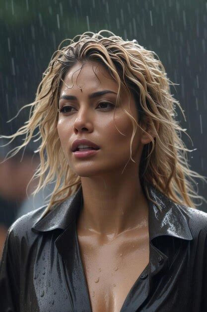 Portrait Of Pretty Blond Wet Woman Wearing A Cloak Over Her Naked Body On A City Street In A