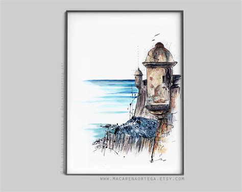 El Morro, San Juan, Puerto Rico watercolor painting decor art prints navigation gift art beach ...