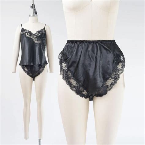 Vintage Intimates Sleepwear Vintage Victorias Secret Lingerie Set Black Satin Floral Lace
