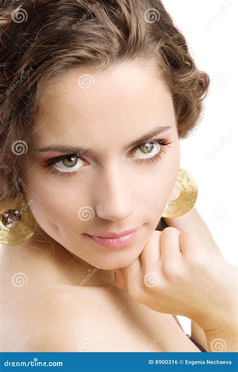 Mooie Brunette Op Wit Wordt Geïsoleerdt Stock Foto Image of