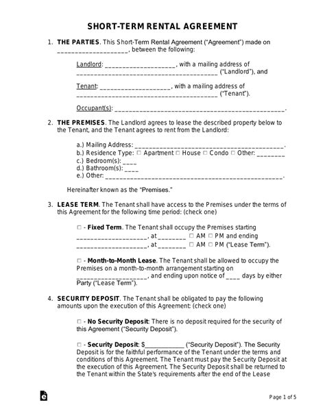 Short Term Rental Agreement Template Free