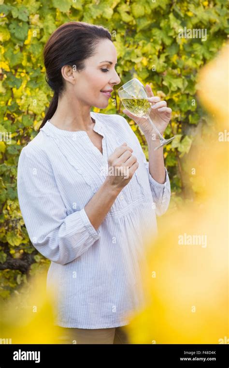 Pretty Brunette Drinking White Wine Stock Photo Alamy