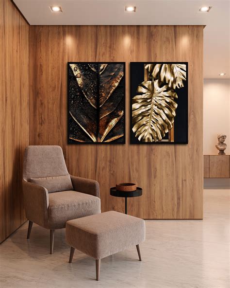 Conjunto 2 Quadros Decorativos Folhas Preto Dourado