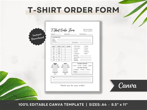 Editable T Shirt Order Form Printable Shirt Order Form Editable Small Business Clothing Order