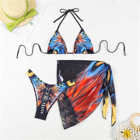 Retro Butterfly Pieces Set Swimsuit Women Thong Swimwear Bikini Set With Skirt Beach Cover Up