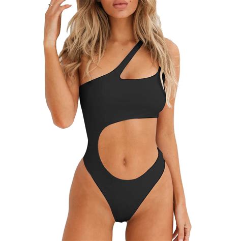 YELAIVP Women S Cutout One Piece Swimsuit Sexy One Shoulder High Cut Bathing Suit Bikini Black
