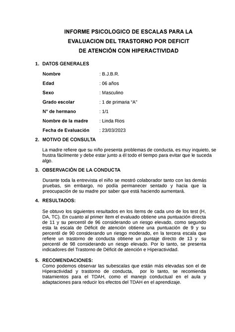 Informe Edah Informe Psicologico De Escalas Para La Evaluacion Del Trastorno Por Deficit De