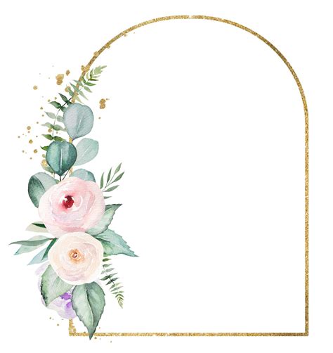 Golden frame with pink watercolor flowers and light green leaves