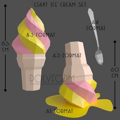 Giant Ice Cream Set Low Poly Papercraft Pdf Template Diy Food Etsy