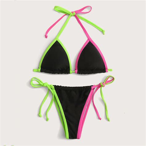 New Design Multi Color Sexy Mini Micro Two Piece Bikini Set Beach Wear Triangle Halter Swimsuit