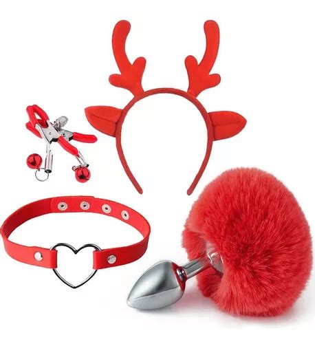 Kit Fantasia Bdsm Rena Plug Anal Pompom E Coleira Vermelha Parcelamento Sem Juros