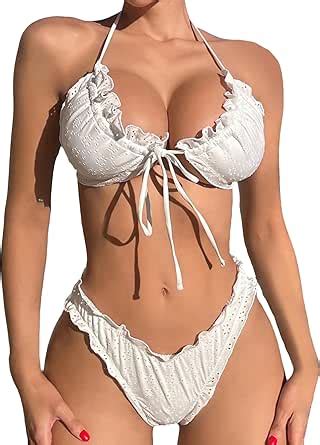 Amazon Makemechic Women S Piece Bikini Set Halter Triangle Swimsuit Backless High Cut