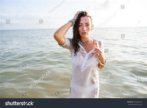 Sexy Beautiful Wet Brunette Long White Stock Photo Shutterstock