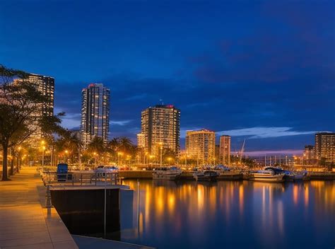 Premium Ai Image Landmark Waterfront Urban Bay Dusk City Night View