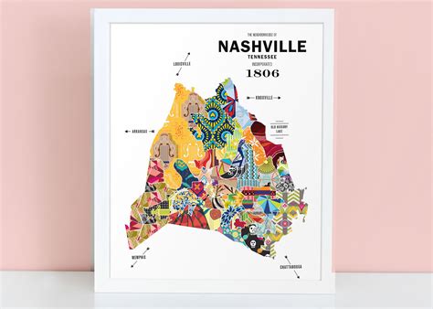 Nashville Tn Neighborhoods Tourism Map Nashville Map Print, Street