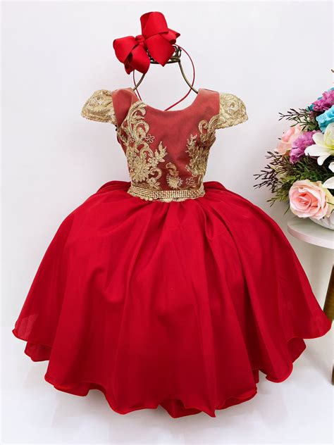 Vestido Infantil Vermelho Renda Dourada Cinto Strass Luxo Rosa