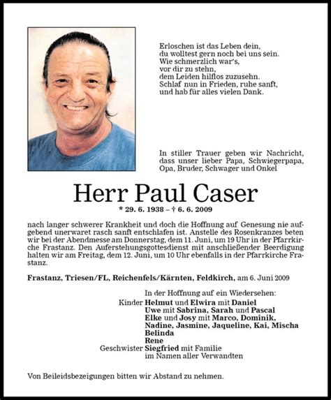 Todesanzeigen Von Paul Caser Todesanzeigen Vorarlberger Nachrichten