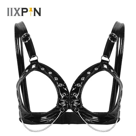 Womens Erotic Lingerie Sexy Open Cups Bra Top Wet Look Patent Leather Sexy Bras Women Bralette