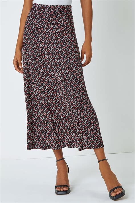 Ditsy Floral Print Midi Skirt In Black Roman Originals Uk