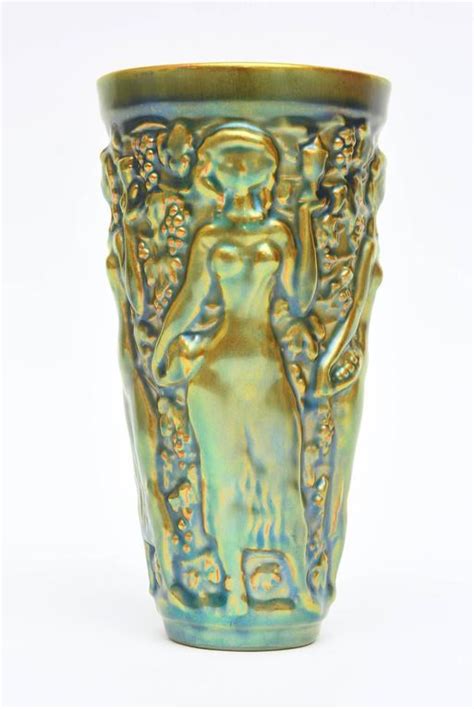 Zsolnay Vintage Glazed Green Brown And Turquoise Nude Relief Ceramic Vase For Sale At StDibs