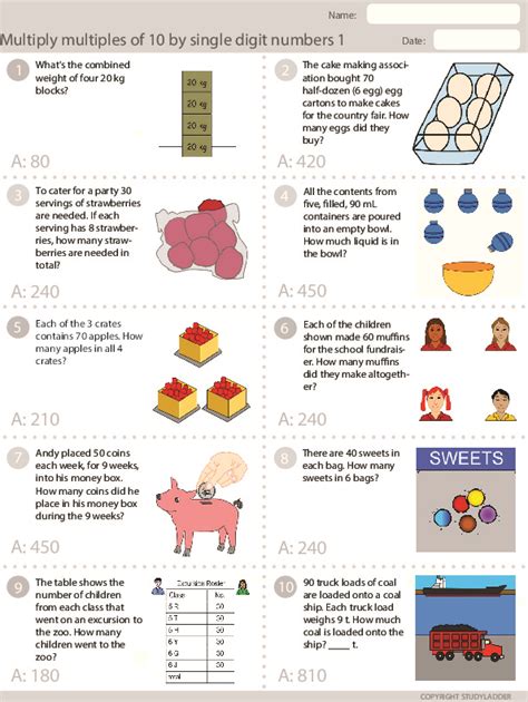 Multiplying Multiples Of 10 By A Single Digits Answer Sheet