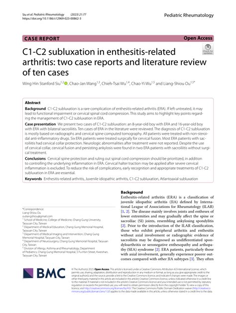 Pdf C1 C2 Subluxation In Enthesitis Related Arthritis Two Case