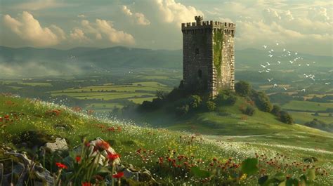 A Stone Tower On A Green Plain Premium Ai Generated Image