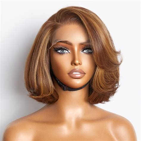 Toffee Brown Mix Blonde Layered Cut Bob Glueless X Closure Lace Wig Short Wigs Human Hair