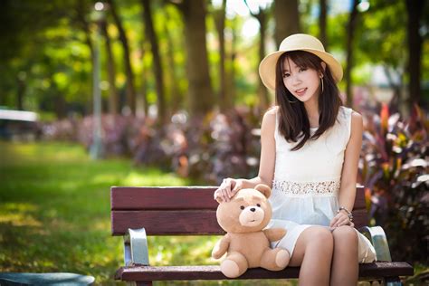 K Asian Teddy Bear Bokeh Bench Brunette Girl Sitting Hat Dress Rare Gallery