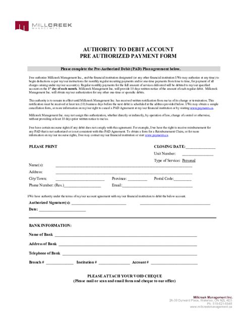 Fillable Online Authority To Debit Account Pre Authorized Payment Form