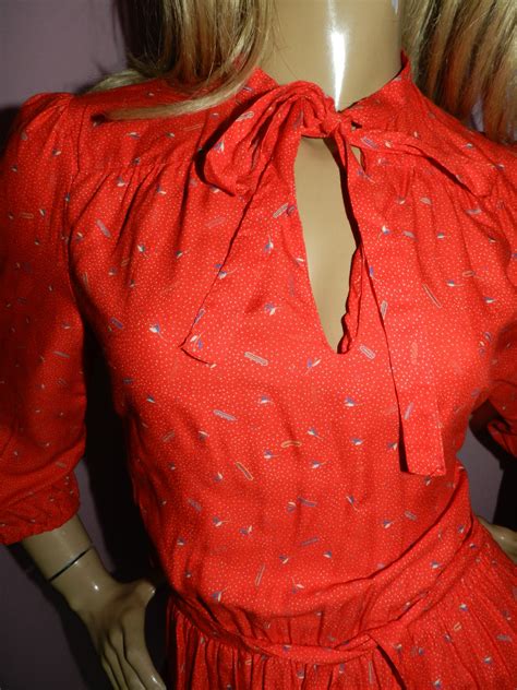 Vintage 70s Red DITSY Print PUSSY BOW Day Dress 10 12 S M 1970s