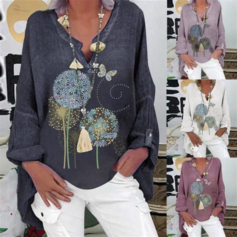 Женская повседневная рубашка с длинным рукавом и цветочным принтом ...