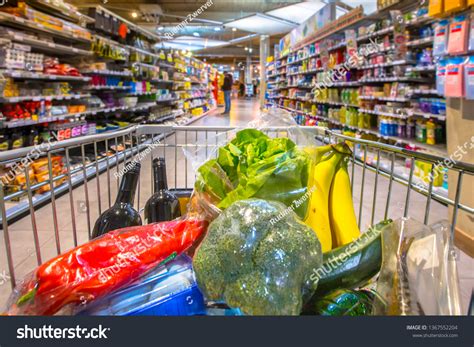 Grocery Cart Supermarket Filled Food Products Stock Photo 1367552204