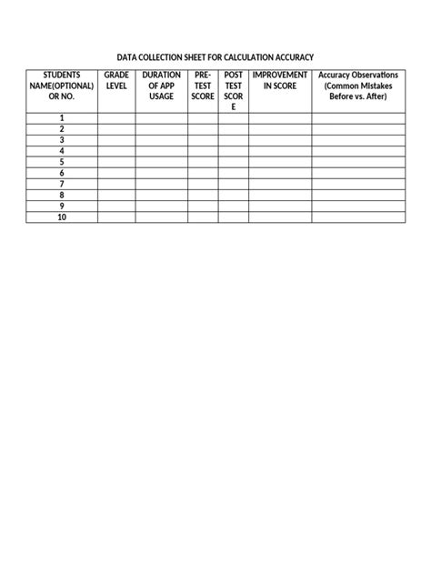 data collection sheet  calculation accuracy