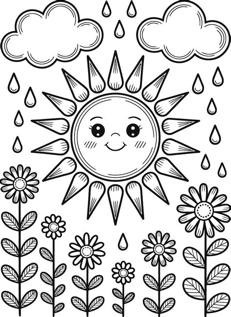 Cute sunny weather scene illustrating smiling sun rain clouds and