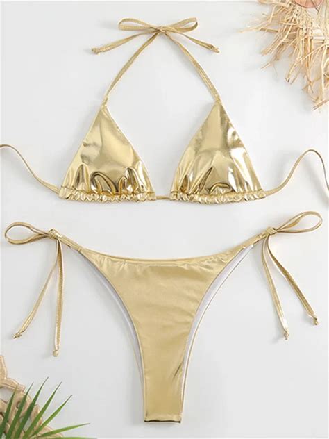 Sexy Brozing Gold Bikini Set Frauen Solide Push Up Micro Badeanzug Brasilia Nischen Strand