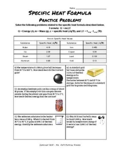 Specific Heat Formula Practice Problems Q = mc∆T | TPT