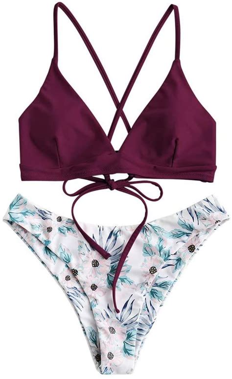 Zaful Women Braided Straps Lace Up Bikini Set Bralette Swimsuit Flower