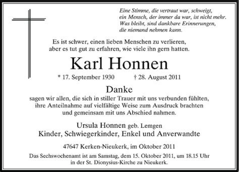 Alle Traueranzeigen F R Karl Honnen Trauer Rp Online De