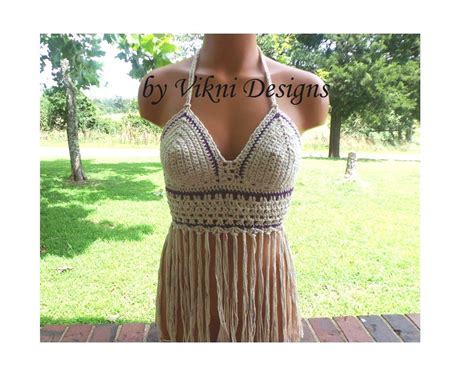 Vikni Crochet Fringe Halter Top Nude Tan Blend Hippie Halter Etsy