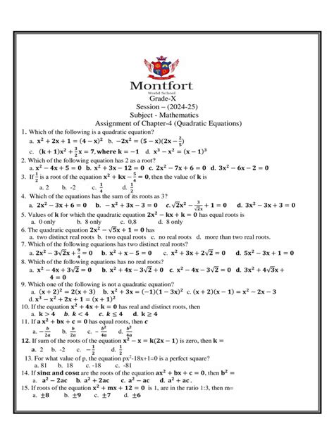 Chapter 4 (Quadratic Equations) X 2024 25 | PDF 