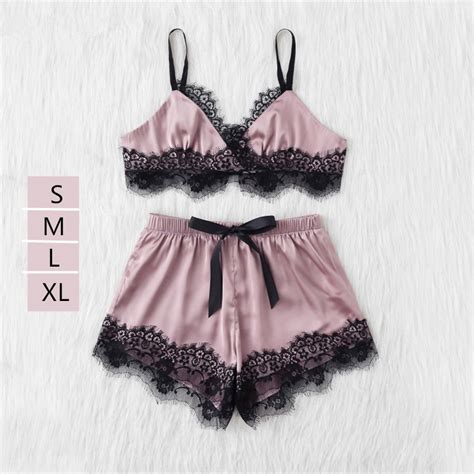 READY STOCK Ice Silk Satin Chantilly Lace Camisole Bikini Pant Set Sexy Sleepwear Sexy